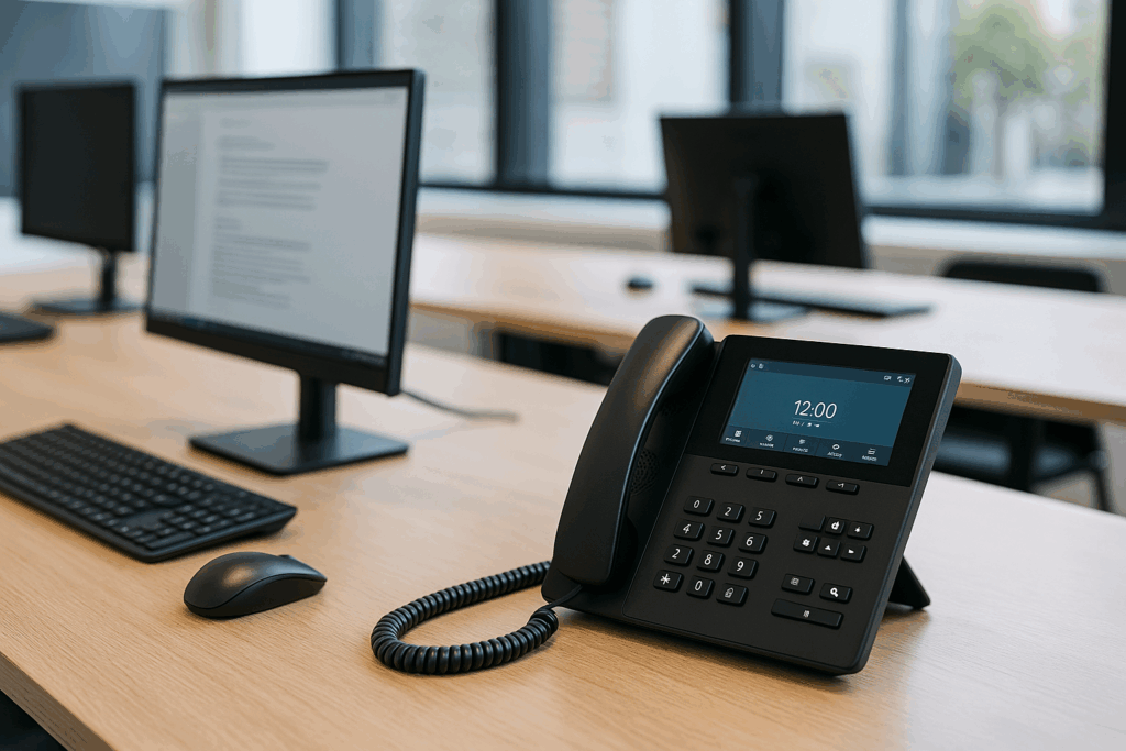 Téléphonie IP d’entreprise – EntreprisePro Poste téléphonique IP et écran d’ordinateur – solution VoIP professionnelle